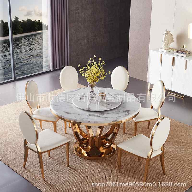 轻奢风大理石圆形北欧餐桌饭桌带转盘现代简约不锈钢圆桌餐椅组合