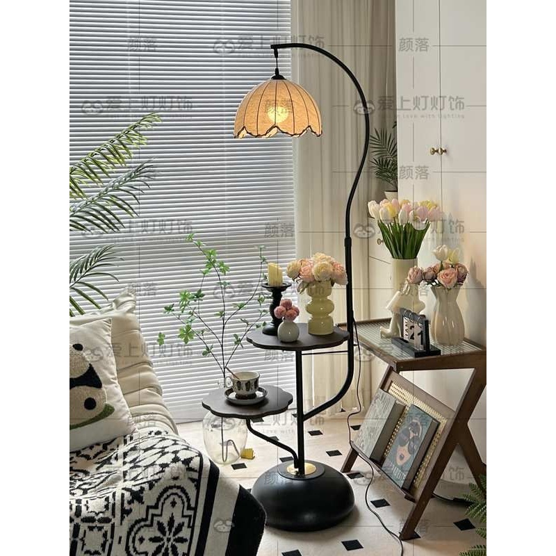 中古风客厅落地灯沙发旁边几置物架一体摆件氛围灯卧室床头柜台灯
