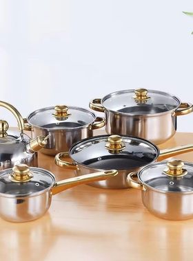 跨境不锈钢十二件套锅金柄带pots不粘锅stainless水壶组合具套装