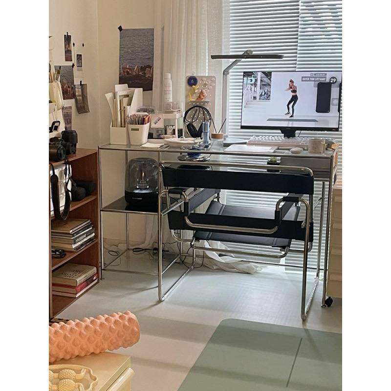 不锈钢办公桌透明轻奢书桌红桌电脑桌子中古网梳妆写字桌书房,住宅家具,书桌,淘宝优惠券,粉丝福利购,淘宝优惠卷