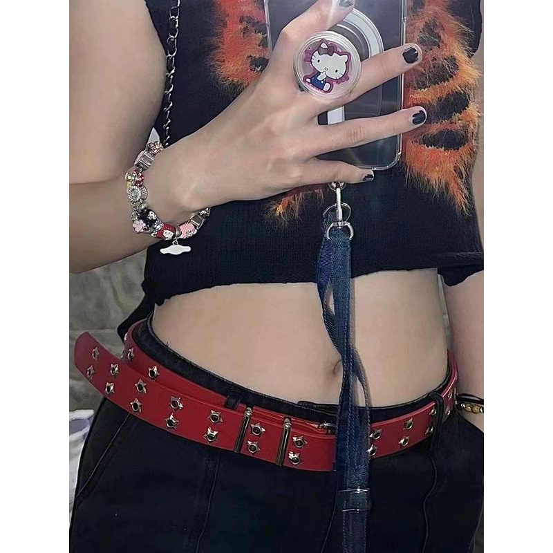 免打孔腰带女士ins朋克风百搭皮带学生韩版个性星星红色高级裤带