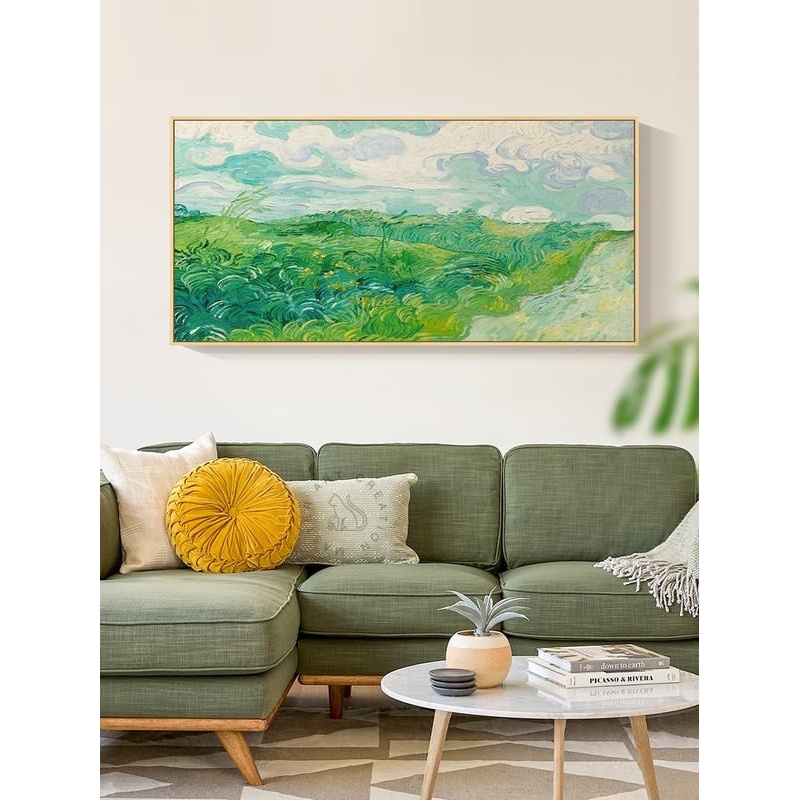 梵高绿色麦田客厅沙发背景墙装饰画大幅卧室床头挂画横幅风景油画