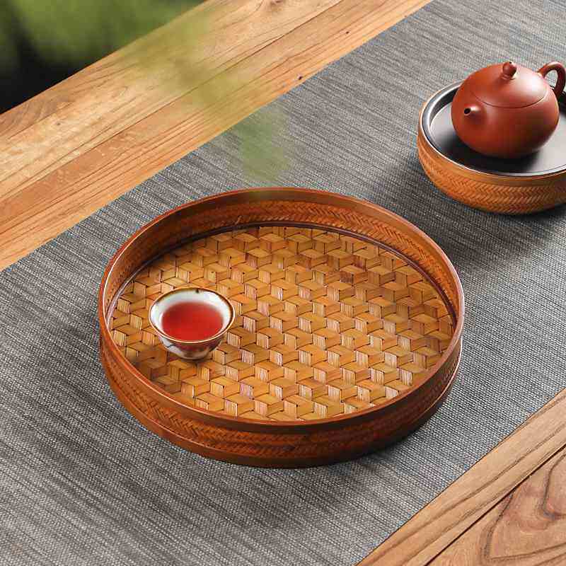 大漆竹编托盘家用圆形收纳筐中式复古龟甲编奉茶盘茶杯茶具收纳盘,特色手工艺,竹编/竹雕,淘宝优惠券,粉丝福利购,淘宝优惠卷