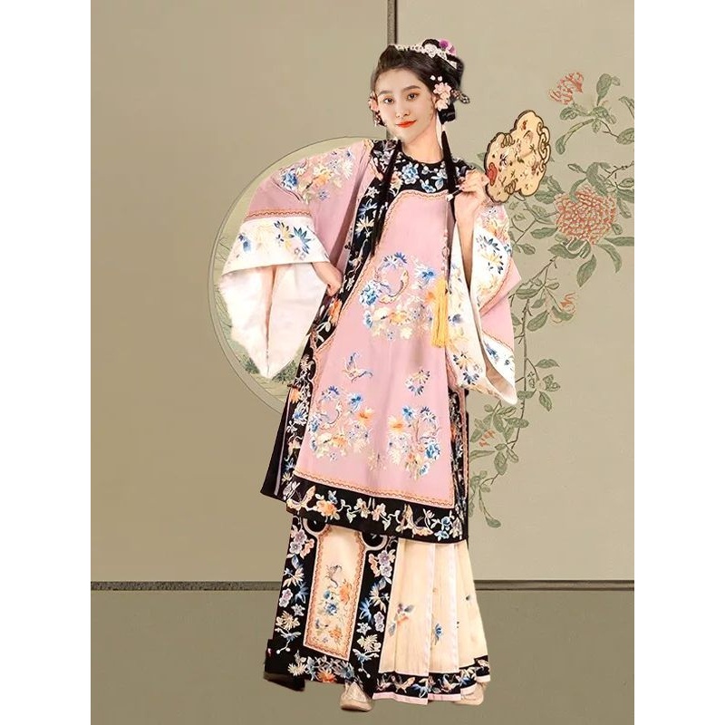 清汉女舞蹈服晚清汉服斜襟旗装格格服新中式国风马面裙戏文说舞蹈