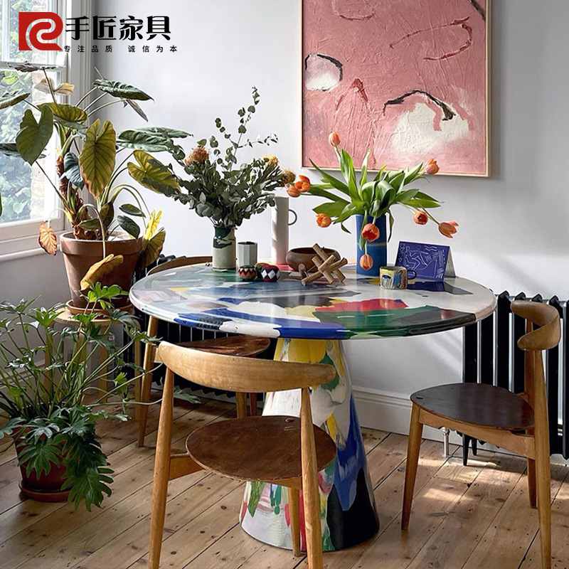 田园艺术家手绘熔炉油画彩绘桌子创意涂鸦餐桌玻璃钢休闲桌小茶几
