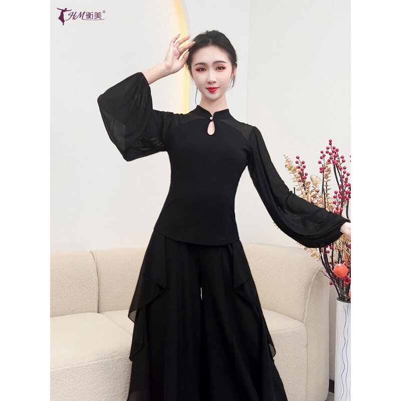 新款古典舞上衣网纱灯笼长袖旗袍立领练功服中国现代舞广场舞服装