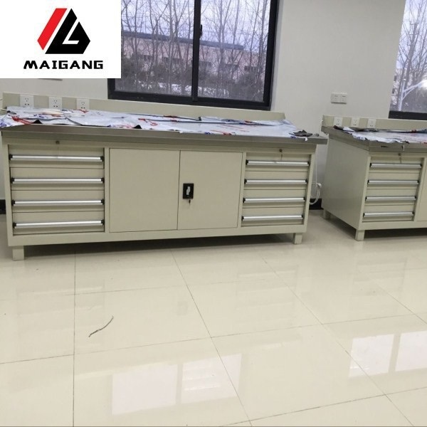 麦冈非标加厚不锈钢桌面车间操作维修台对开门多抽组合重型工作桌