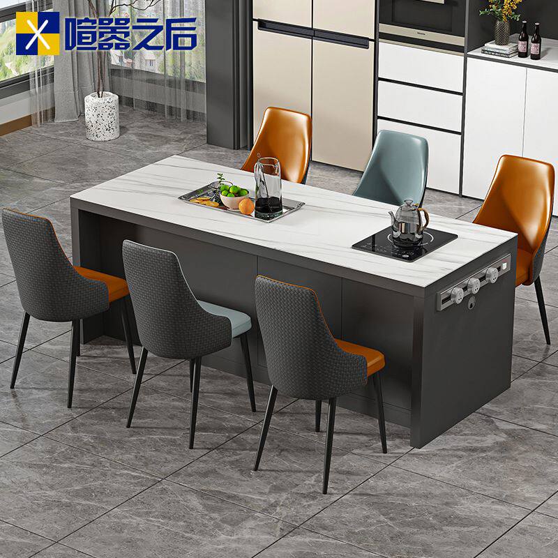 意式齐平中岛台岩板餐桌长方形一体家用轻奢小户型料理台吧台8E19