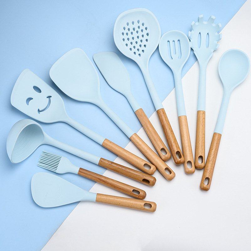 厨房用品笑脸木柄欧式不粘锅硅胶锅铲10件套蓝色耐高温厨具套装