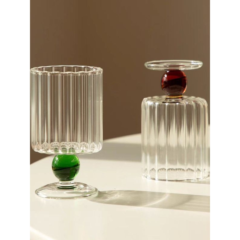 210ml创意覆古彩色球形竖纹玻璃杯高硼硅玻璃高脚杯红酒杯香槟杯