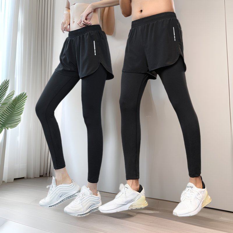 新品 男女运动紧身裤大码健身瑜伽防走光显瘦假两件弹力裤高腰跑