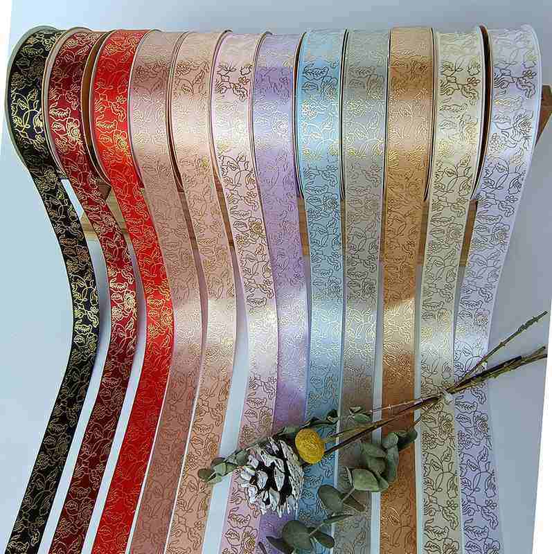 鲜花包装热固烫金丝带织带蛋糕涤纶印刷蛋糕彩带礼盒玫瑰花牡丹花