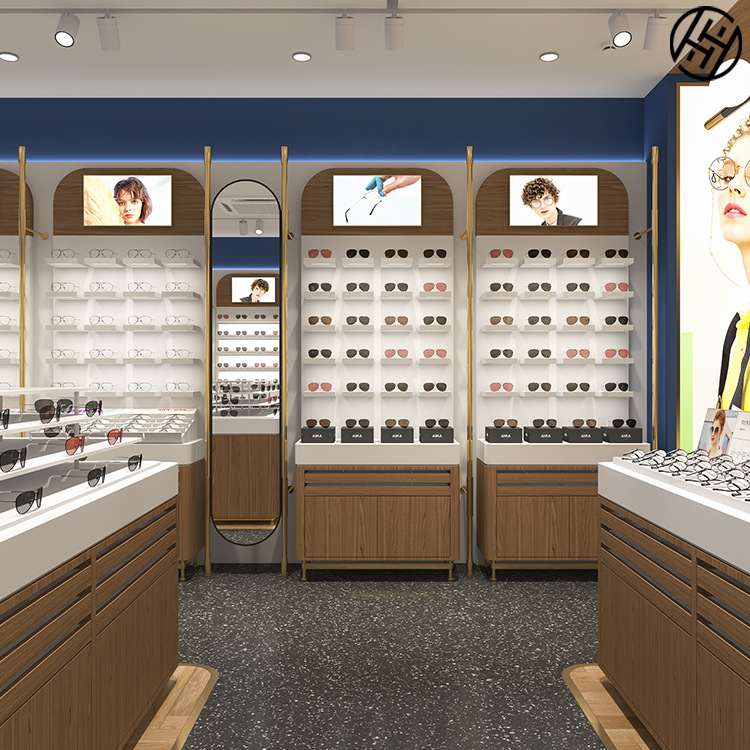 定制木纹饰面眼镜展示柜矮柜带灯梯形墨镜抽屉柜台背板眼镜展示架