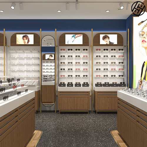 定制木纹饰面眼镜展示柜矮柜带灯梯形墨镜抽屉柜台背板眼镜展示架