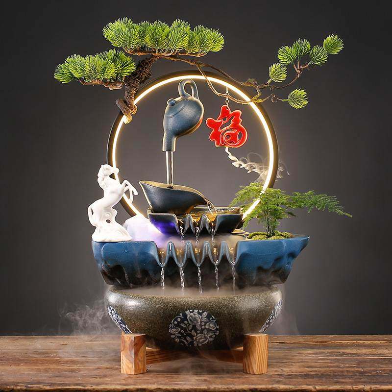 创意水车造景陶瓷流水招财摆件礼品开业水泵装饰鱼缸循环客厅家居