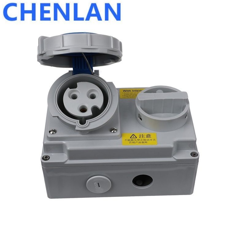 32A-6H 2P+E三孔单相蓝色工业联锁插座IP67户外防水防尘