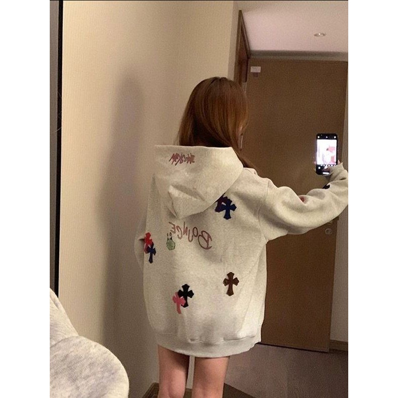 春秋加绒加厚连帽卫衣女2025新爆款刺绣彩色十字架慵懒风宽松上衣