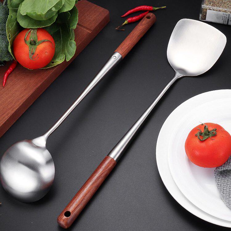 新款直销304不锈钢锅铲花梨木加长加厚厨房烹饪用品防烫铲勺厨师