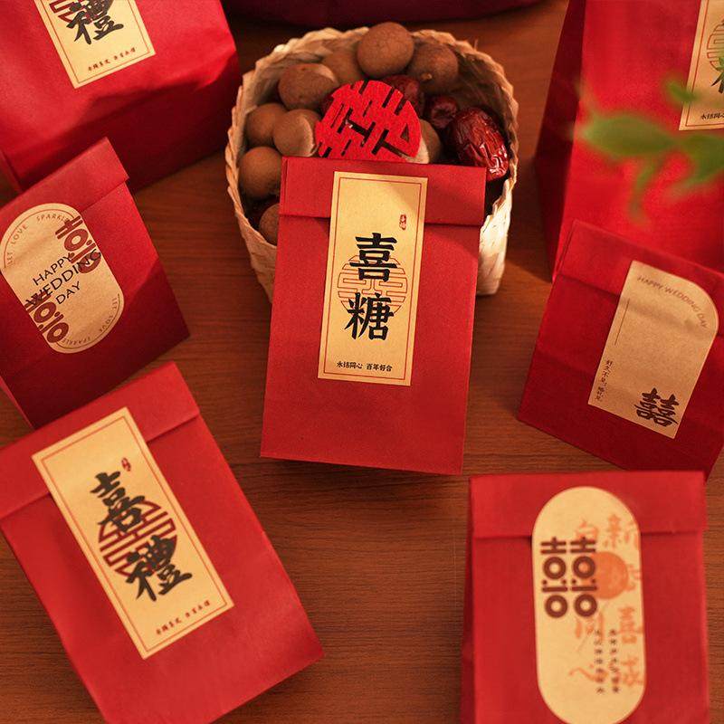 喜糖礼盒牛皮纸袋红色结婚厂家简约复古糖盒喜发直礼品袋中式订婚