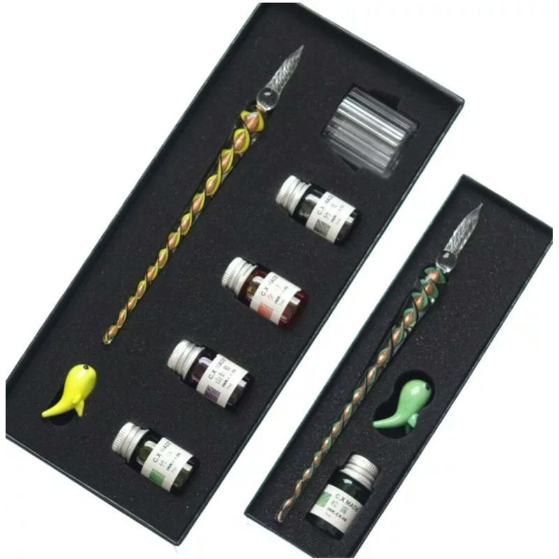 新款直销金星旋丝玻璃笔蘸水笔套装彩色墨水签字笔礼盒朋友同学网