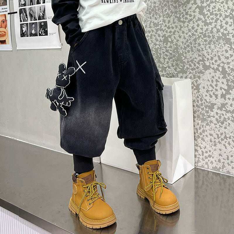 男童裤子牛仔裤灯笼裤2025秋冬季新款童装儿童哈伦裤加绒工装裤潮