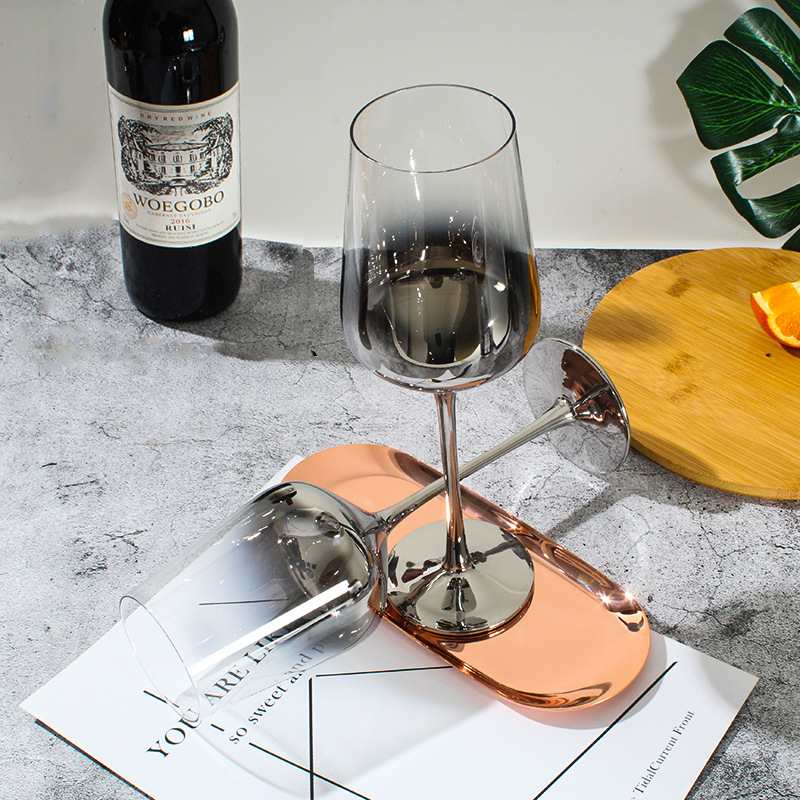 新款直销水晶玻璃电镀银灰色渐变美式红酒杯子金属感样板高脚杯醒