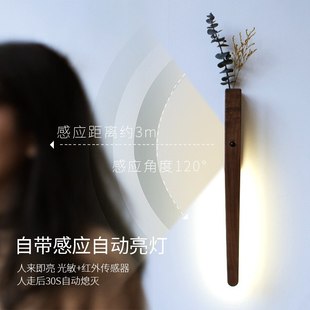 创意原木墙面装饰灯花器感应免壁灯充电式灯吸磁插花小夜灯布线器