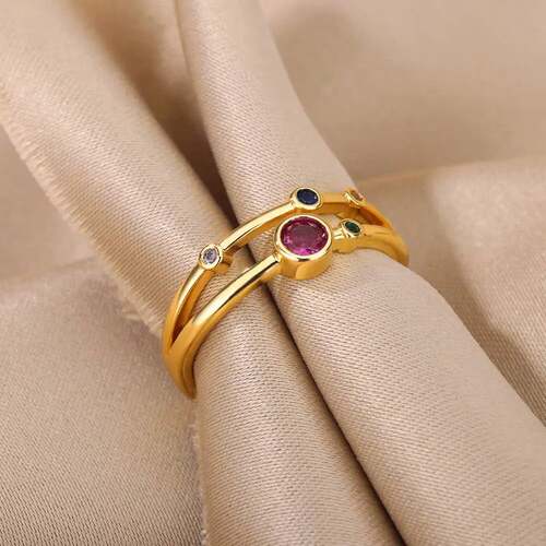 Colorful Zircon Round Stone Rings For Women Stainless Steel