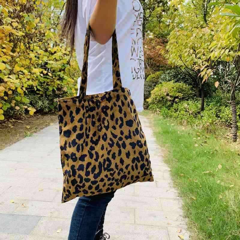 优选chic韩风秋新款复古豹纹大单肩拉链包包灯芯绒布包女书包购物