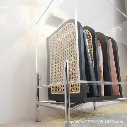 造心家具|简约藤编木杂志架韩式亚克力不锈钢储物架子床头边几柜