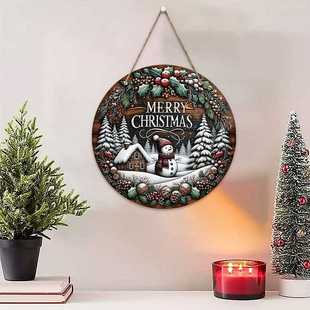 现货圣诞节日挂件圣诞快乐雪人木质装饰标志墙面圆形花环标牌门廊