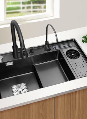 黑色304不锈钢水槽大单槽厨房阶梯式洗碗池高压洗杯器带刀架菜盆