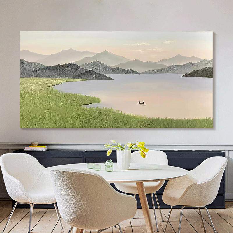 山水风景肌理纯手绘油画沙发挂画风客厅原木装饰画背景墙远山近水
