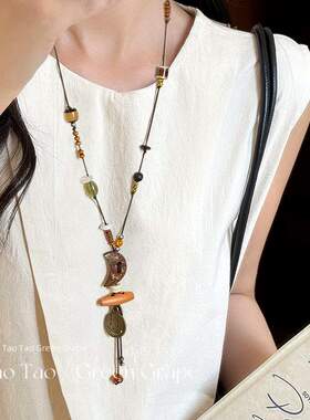新中式国风长款木质串珠项链女复古民族风毛衣链波西米亚吊坠配饰