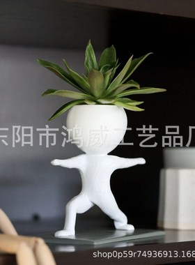 新款跨境白色健身小人花盆肉贴工艺品多家居装饰树脂摆件盆栽