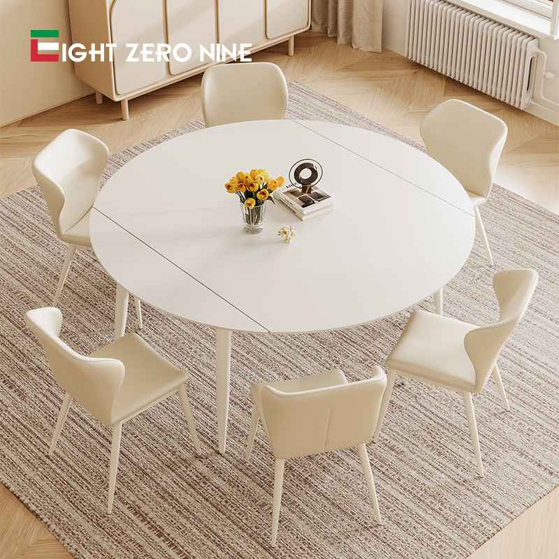 白色餐桌岩板家用小户型旋转伸缩奶油风功能变形6人哑光靠墙餐桌