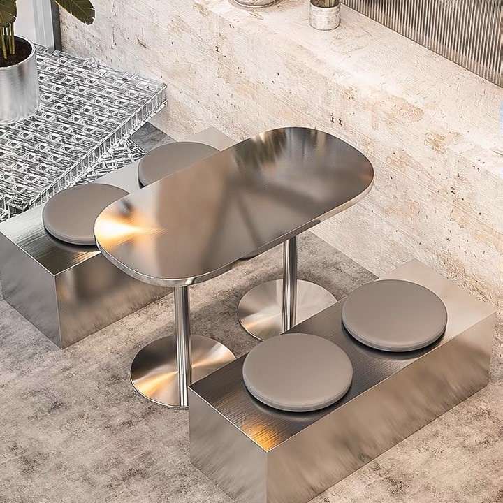 不锈钢椭圆形餐桌加厚实心底长桌工业风桌子简约现代创意长桌