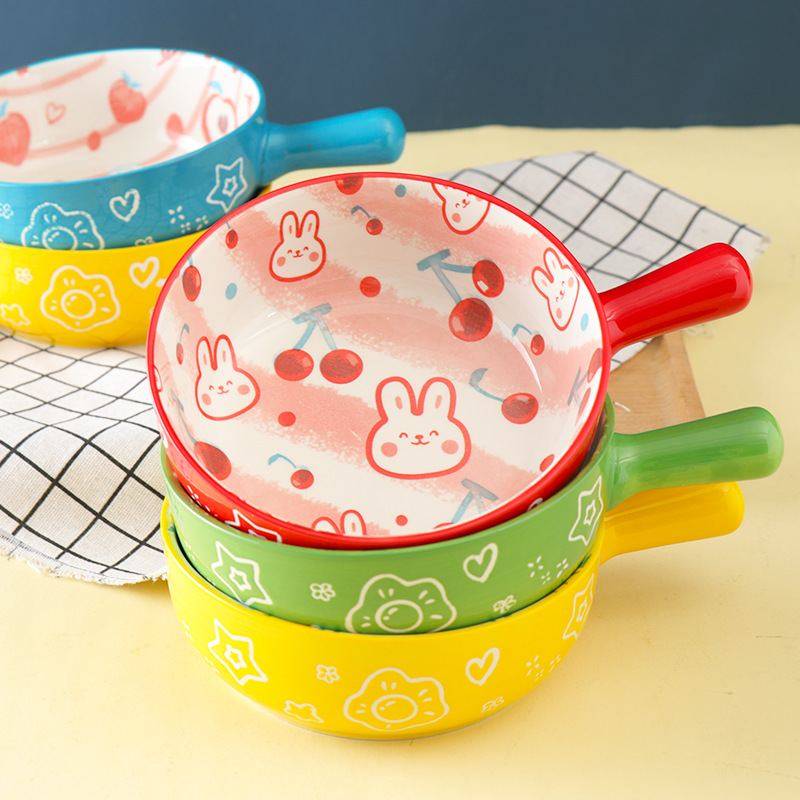 可爱卡通陶瓷带柄碗泡面沙拉饭碗碗家用水果碗烘焙创意焗饭手把,餐饮具,碗,淘宝优惠券,粉丝福利购,淘宝优惠卷