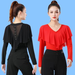 广场舞上衣长袖女春秋交谊冬练功服新款踩跳舞摩登拉丁舞三步红色