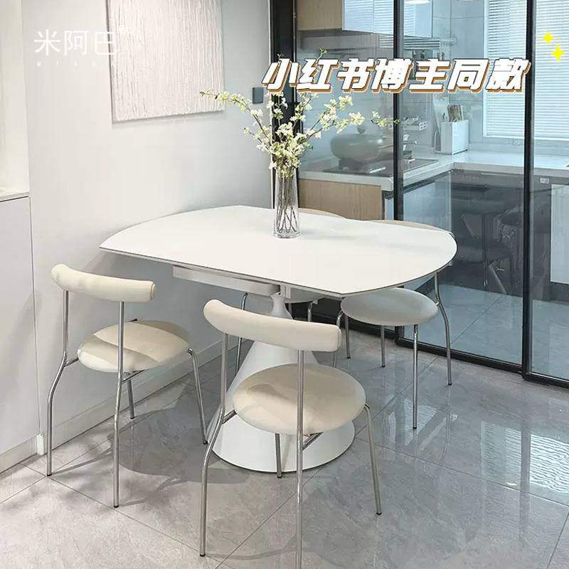 奶油风纯白色哑光岩板餐桌旋转伸缩折叠华尔兹餐桌方变圆两用桌子,住宅家具,岩板餐桌,淘宝优惠券,粉丝福利购,淘宝优惠卷