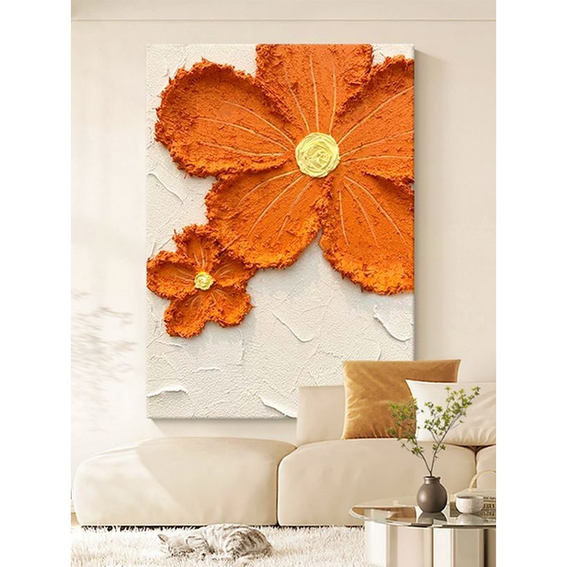 纯手绘油画橙色花卉客厅装饰画极简风格玄关沙发背景墙奶油风挂画