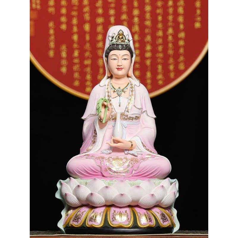 德化高端陶瓷彩绘观音坐莲彩绘高档观世音菩萨像佛像供奉精工摆件