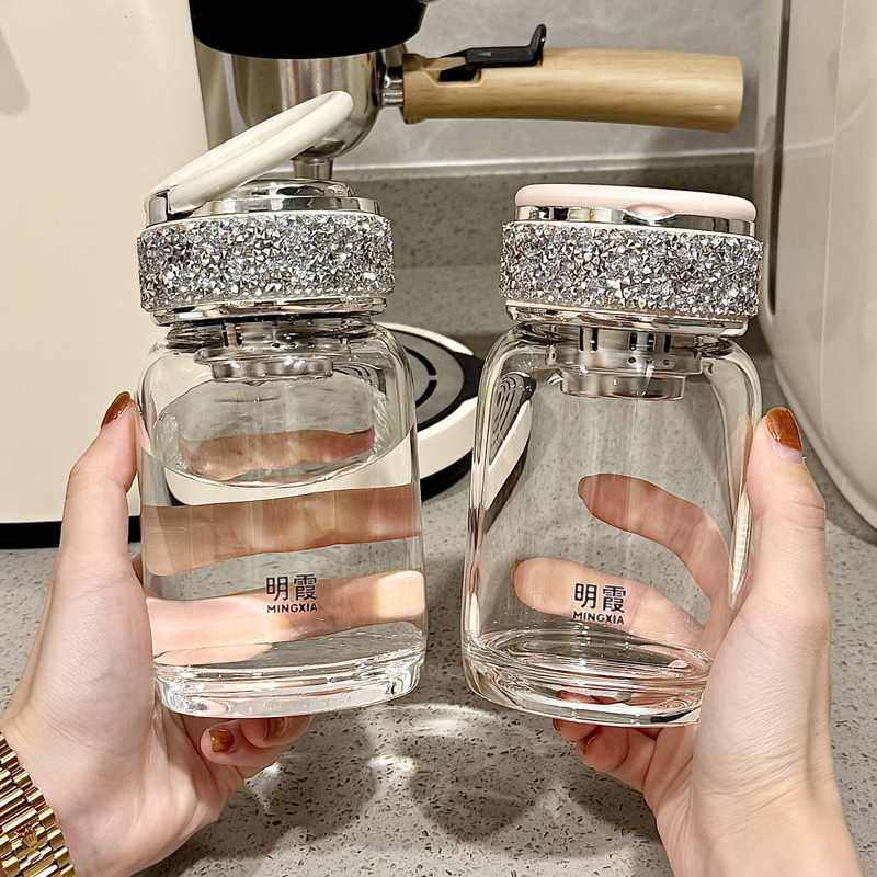 带钻轻奢高硼硅玻璃杯耐高温泡茶分离水杯2025新款粉色黑色DIY,餐饮具,玻璃杯,淘宝优惠券,粉丝福利购,淘宝优惠卷