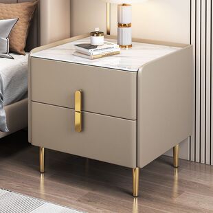 简易床头柜实木现代简约轻奢款极简小型卧室皮质床边柜岩板收纳柜
