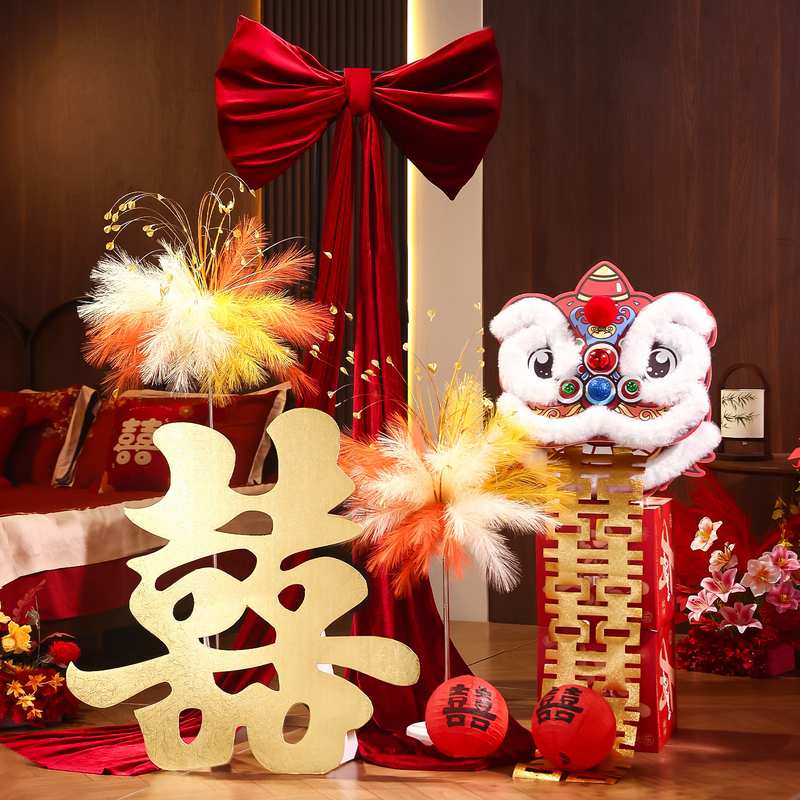 婚房装饰布置卧室床头红色喜字瀑布花仿真花桌面装扮喜庆婚礼摆件