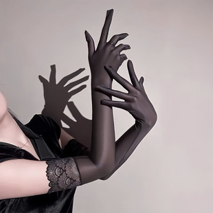 情绪穿油光手丝超薄丝滑蕾丝花边油亮手套cos拍照道具性感万圣节