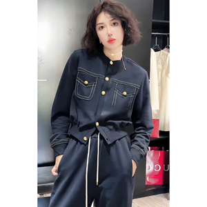 欧货高定休闲时尚套装女春季新款明线双口袋短外套休闲裤两件套潮
