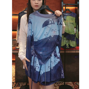 夏季冰感速干防晒套装女扎染洋气长袖网纱抽褶上衣短裤时尚两件套