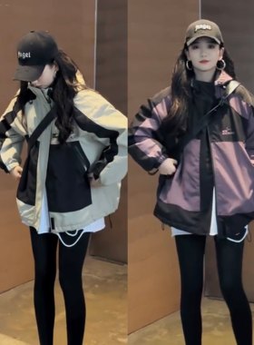 连帽二棉冲锋衣撞色棉服外套女