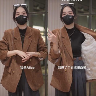 雪尼尔加厚羽绒服西装 新款 外套女显瘦气质百搭棉衣 冬季 清仓特价